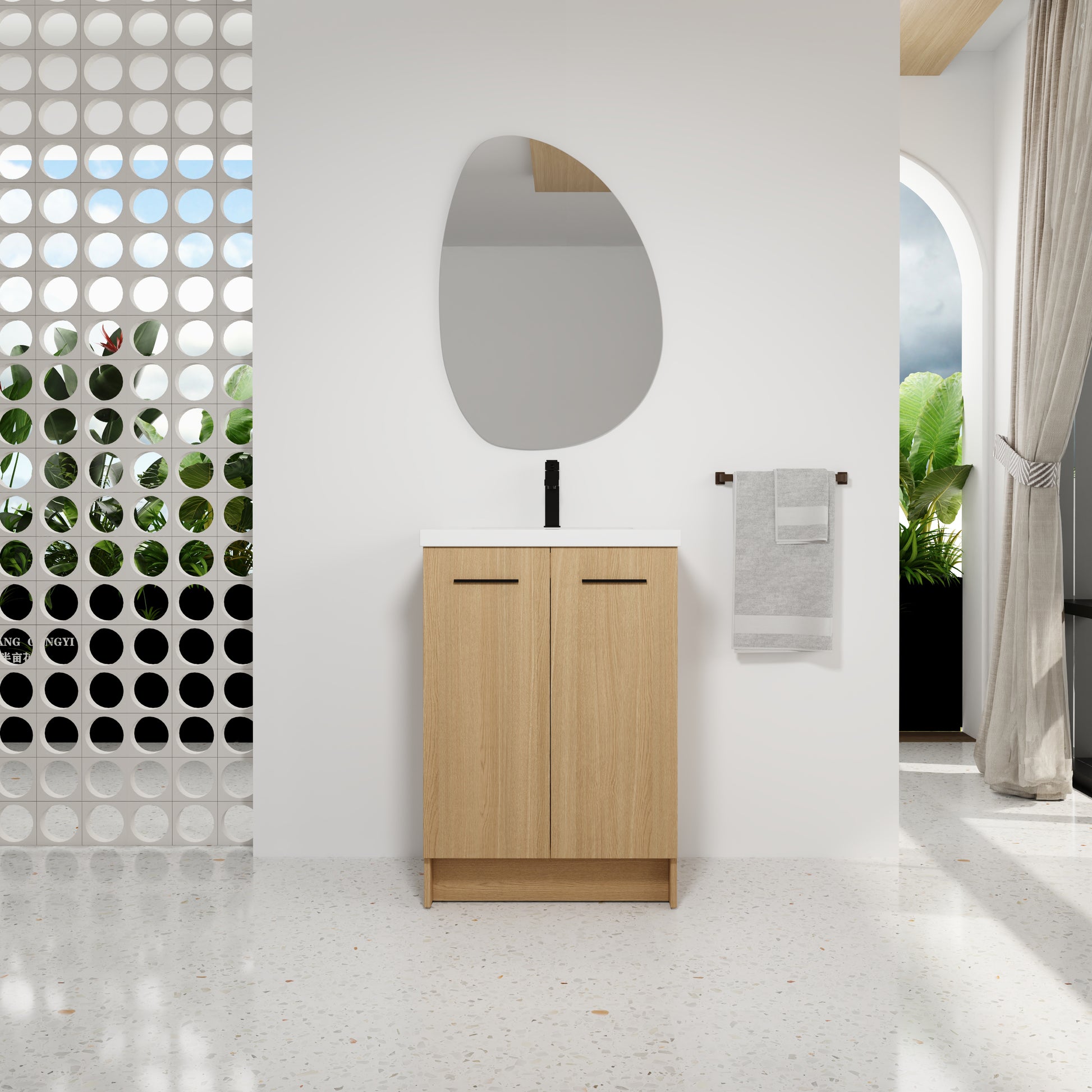 24" Freestanding Bathroom Vanity with Resin Sink, Light Oak, Double Door Storage, KD (Ready-to-Assemble), Includes Black & Brushed Aluminum Handles image 1