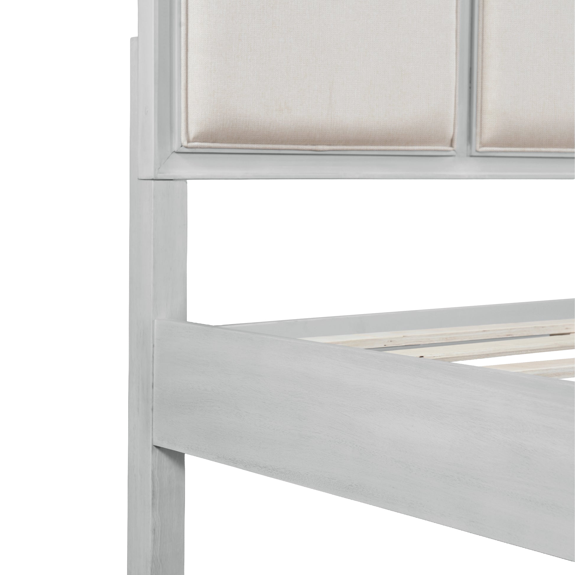 King Size Bed Frame with Upholstered Headboard, White Solid Wood & Beige Fabric, No Box Spring Needed, Modern Farmhouse Style image 10
