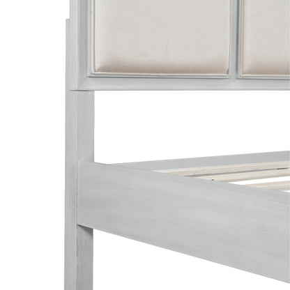 King Size Bed Frame with Upholstered Headboard, White Solid Wood & Beige Fabric, No Box Spring Needed, Modern Farmhouse Style image 10