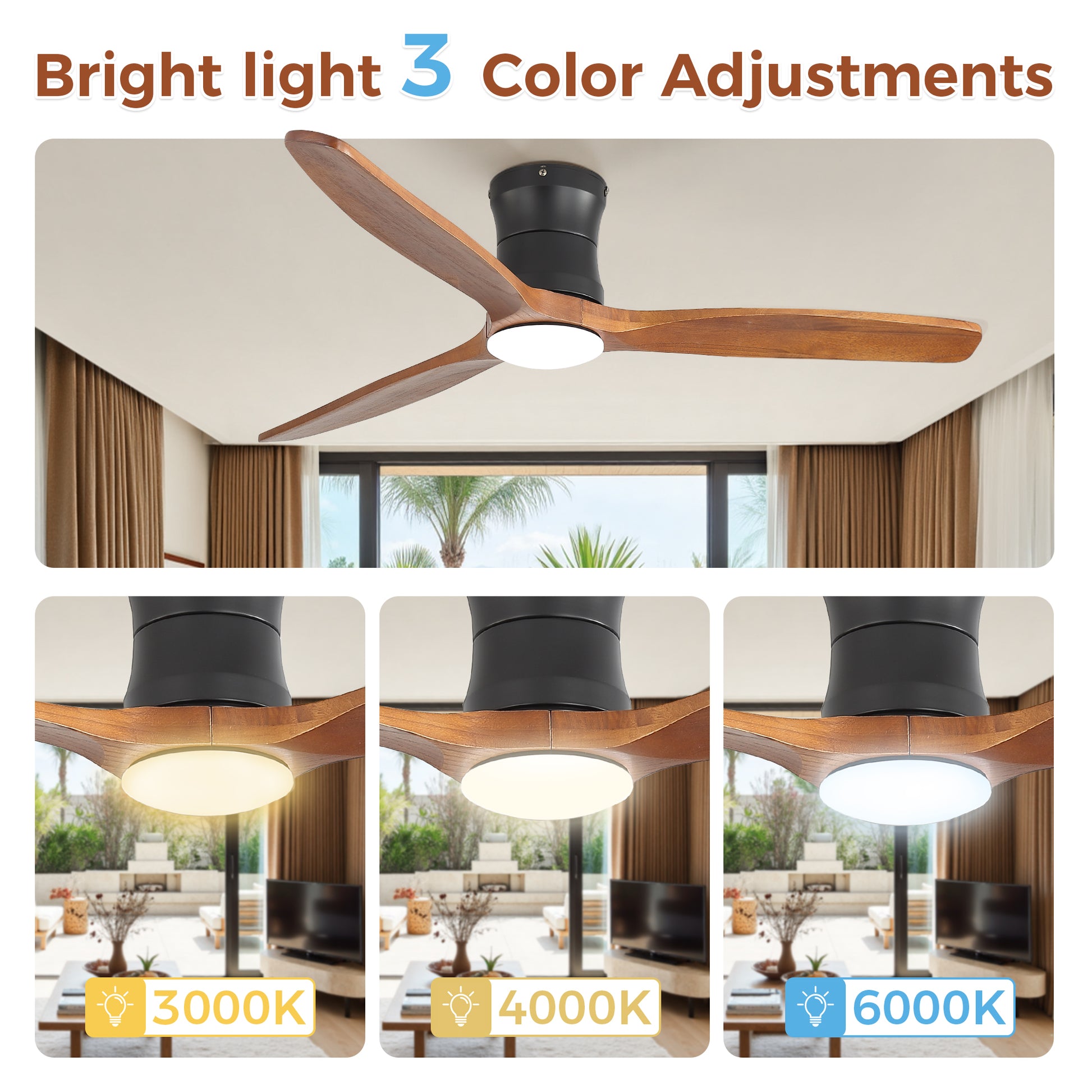 52-inch ceiling fan with light, DC reversible motor, Quiet operation, 3 solid wood blades, Timer function (1/4/8 hours) image 6