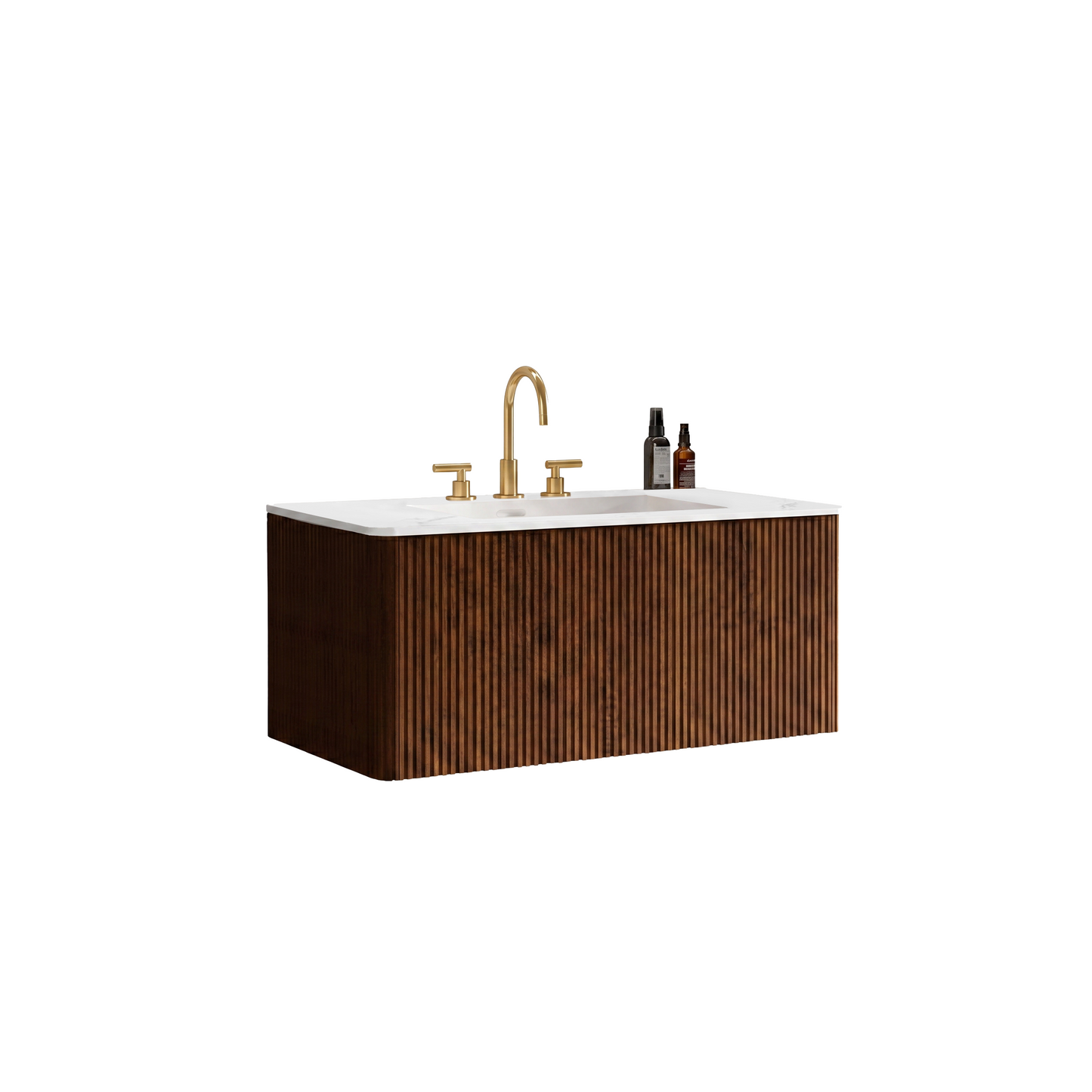 Etna 36" Striped Walnut Bathroom Vanity with Carrara White Ceramic Sink, Wall Mounted Floating Bathroom Vanity for Modern Bathroom, KD image 4