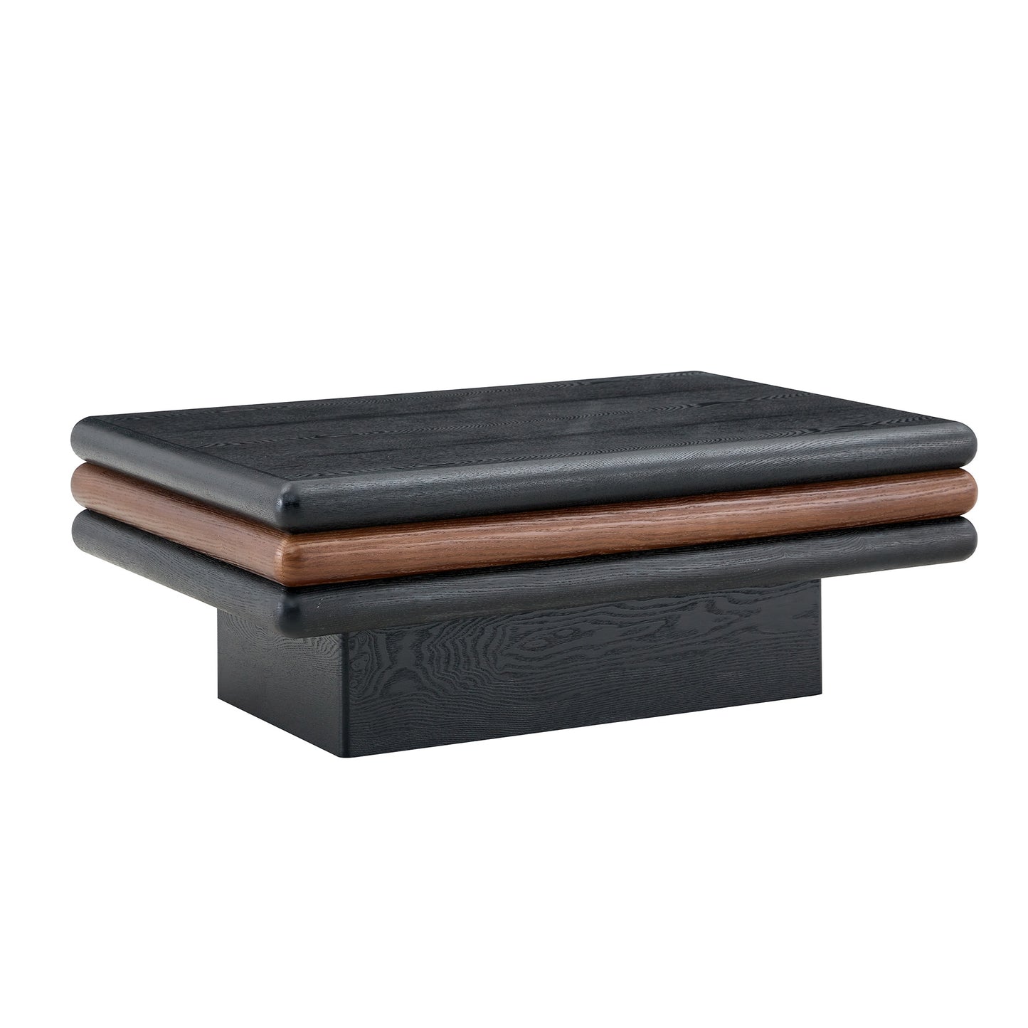 Modern 3-Tier Stacked Rectangular Coffee Table, MDF with Wood Veneer, Walnut & Black Accent Center Table for Living Room image 12