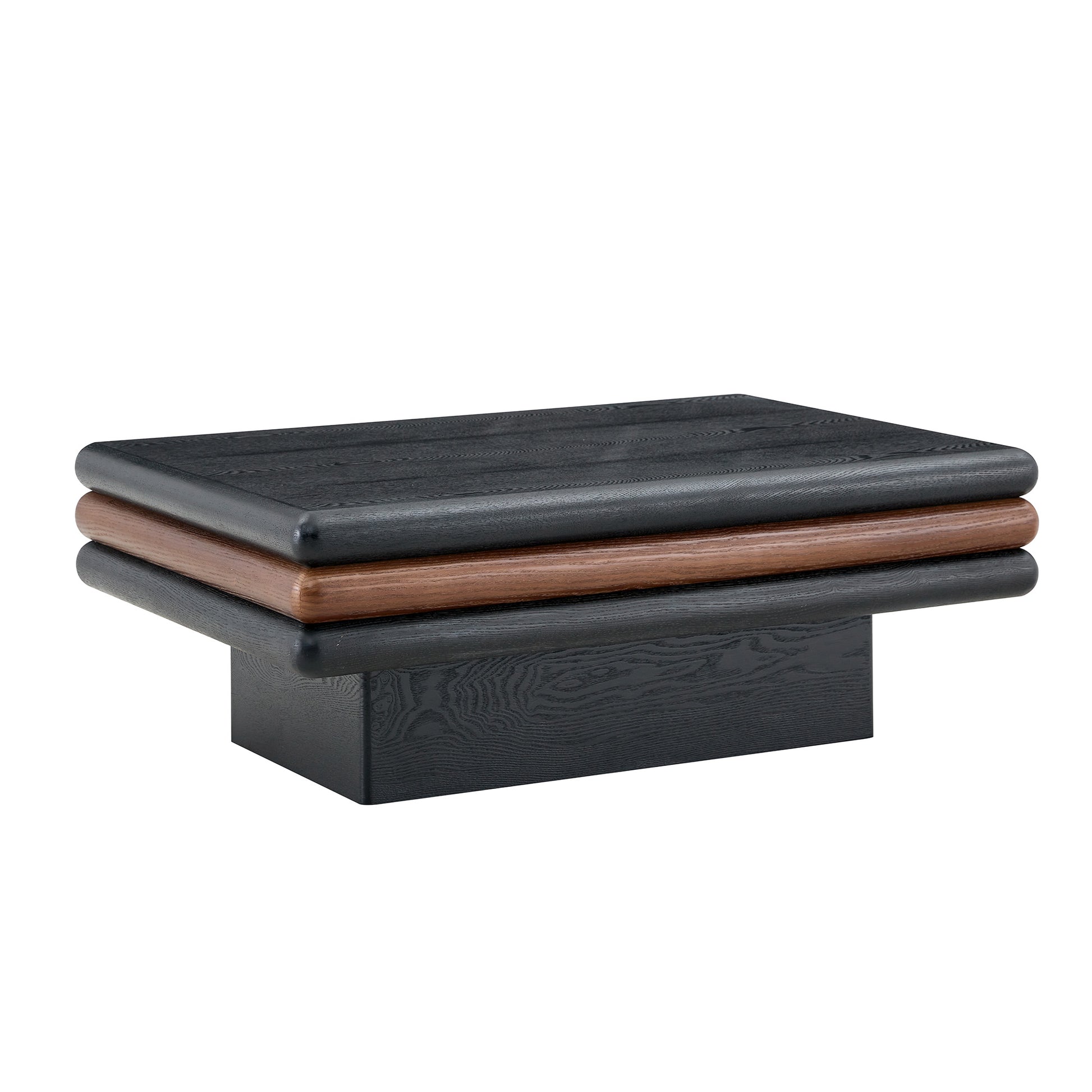 Modern 3-Tier Stacked Rectangular Coffee Table, MDF with Wood Veneer, Walnut & Black Accent Center Table for Living Room image 12