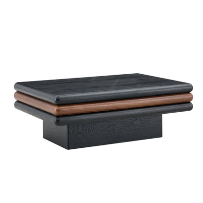 Modern 3-Tier Stacked Rectangular Coffee Table, MDF with Wood Veneer, Walnut & Black Accent Center Table for Living Room image 12