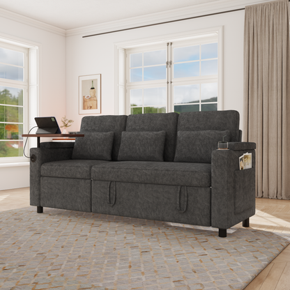 81-inch 3-in-1 foldable three-person sofa bed with a table board and USB ports, armrests with storage function. High-quality chenille three-person sofa. The sofa bed features adjustable backrest and p image 7