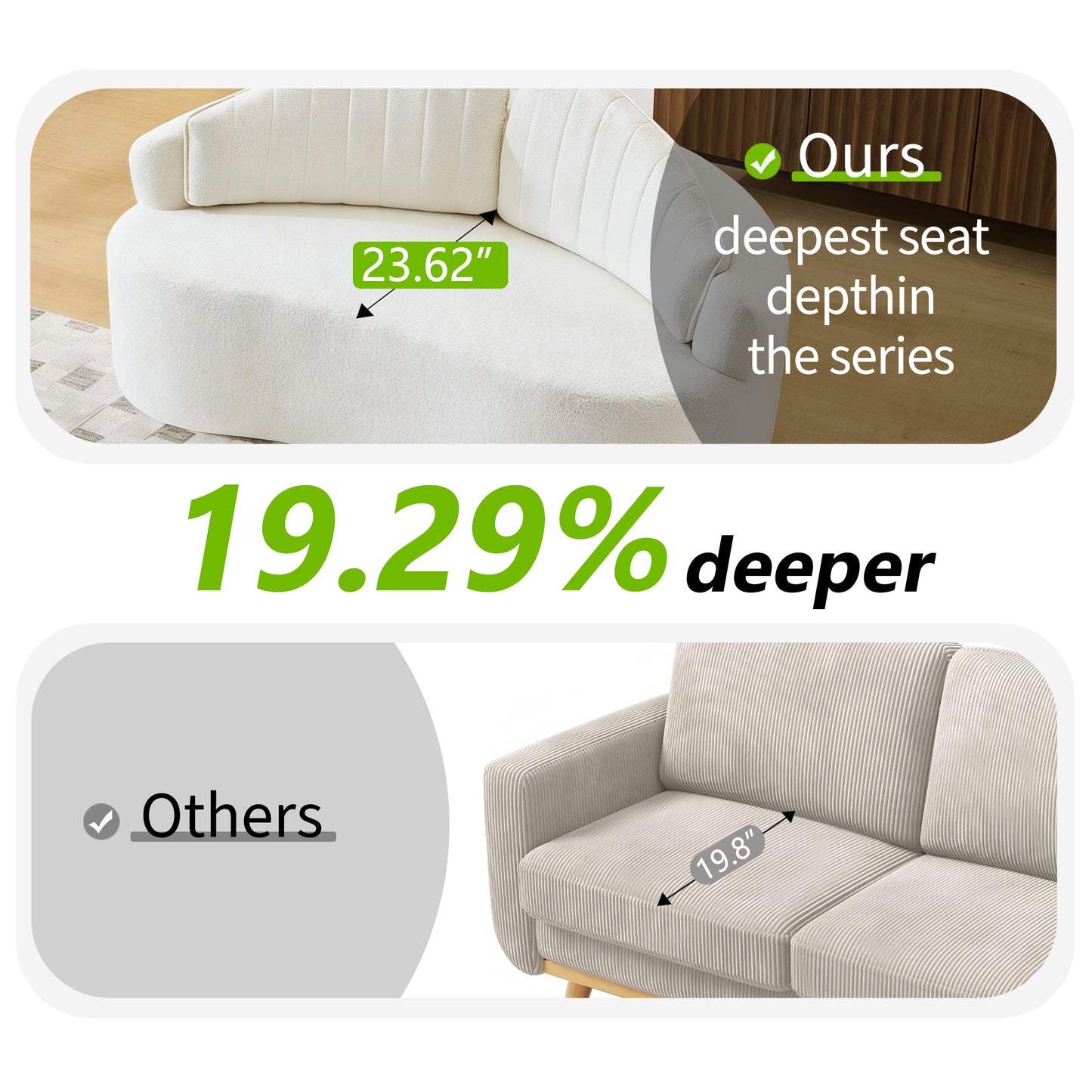 Curved two-seater fully compressed sofa, long-term sitting without collapse, removable backrest, white chenille fabric, simple, retro style, suitable for small spaces and apartments image 7
