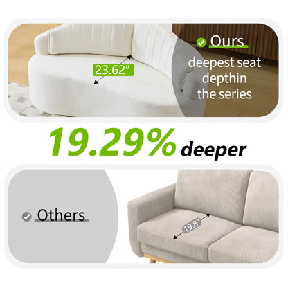 Curved two-seater fully compressed sofa, long-term sitting without collapse, removable backrest, white chenille fabric, simple, retro style, suitable for small spaces and apartments image 7