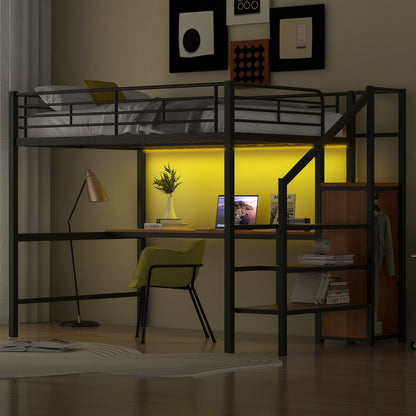 Full Size Metal Loft Bed with Desk, Storage Staircase, Small Wardrobe and LED Light,Black image 1