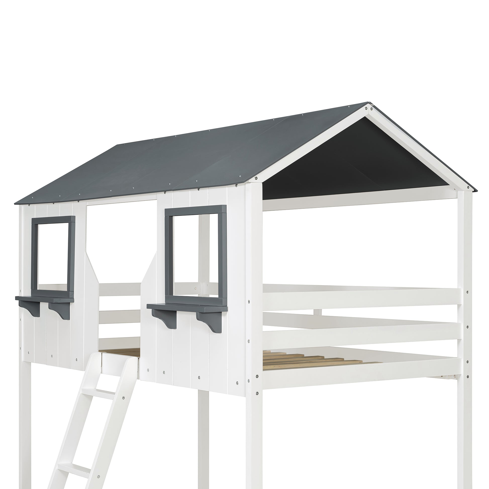 Twin Over Twin Bunk Bed Wood Bed with Roof, Window, Guardrail, Ladder (White)(OLD SKU: LT000045AAK-1) image 3