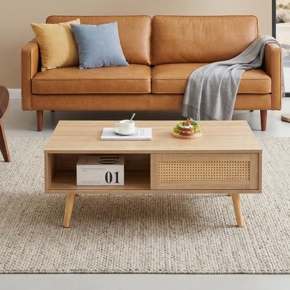 41.34" Rattan Coffee table, sliding door for storage, solid wood legs, Modern table for living room, natural image 4