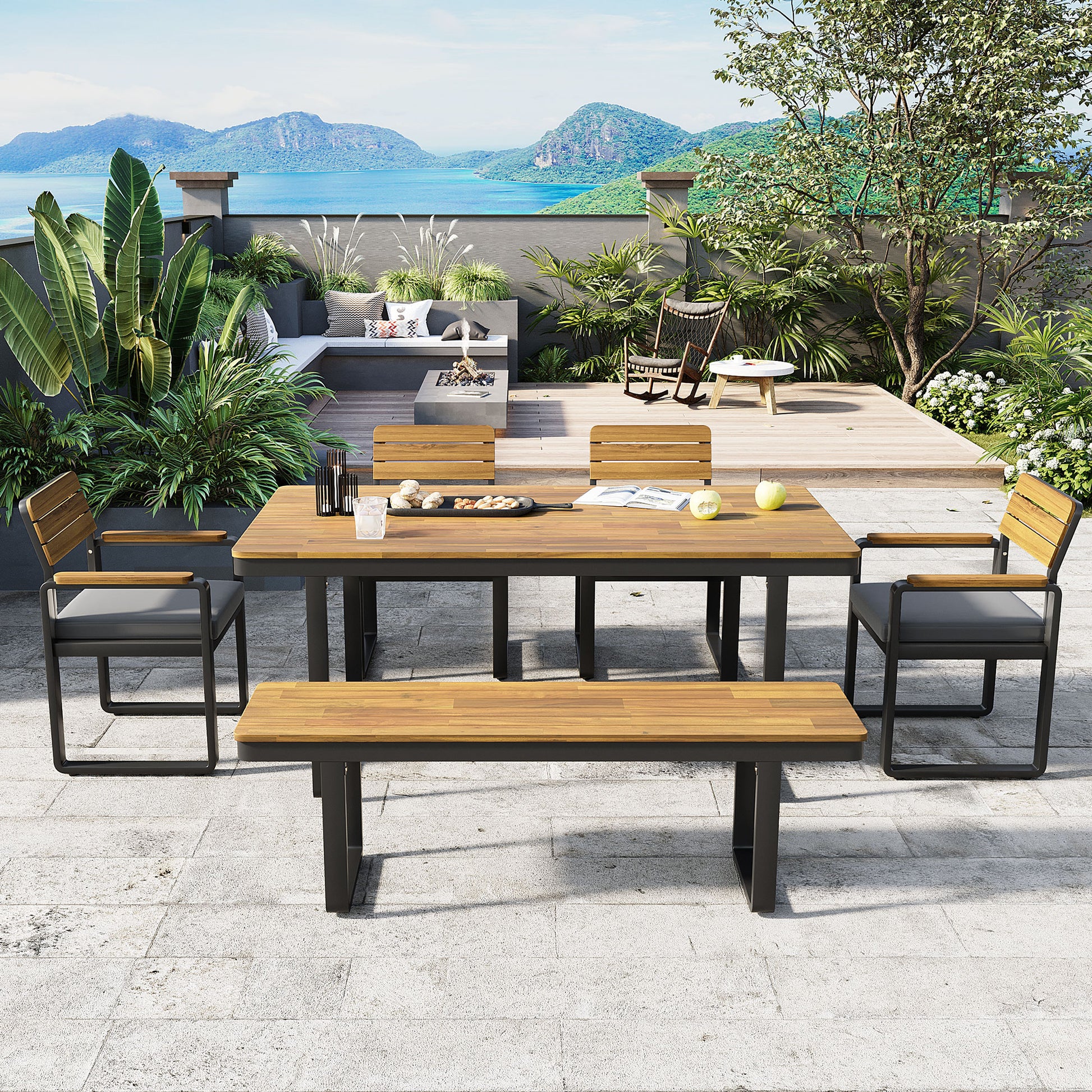 6-Piece Outdoor Dining Set, Acacia Wood, 1 Table with 4 Chairs & 1 Bench for 6-7 Person, Comfortable Cushions on Chairs, Adjustable Feet, for Patio, Garden, Backyard Dining, Gray Cushion image 2
