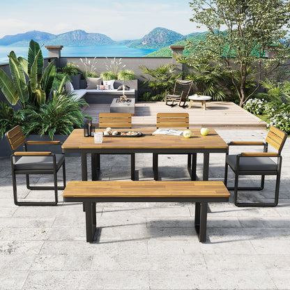6-Piece Outdoor Dining Set, Acacia Wood, 1 Table with 4 Chairs & 1 Bench for 6-7 Person, Comfortable Cushions on Chairs, Adjustable Feet, for Patio, Garden, Backyard Dining, Gray Cushion image 2