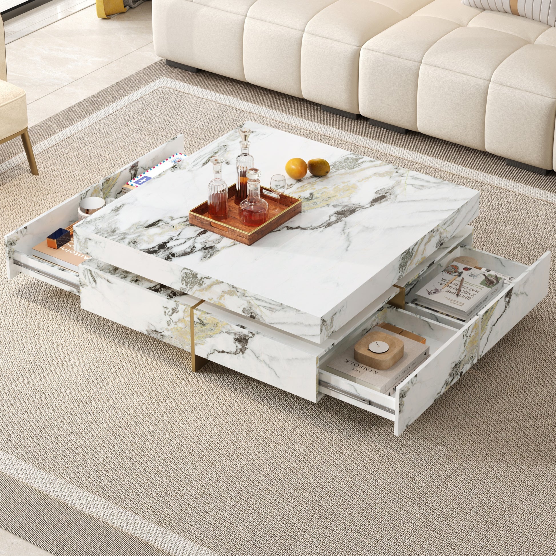 Modern Square Marble Textured Coffee table with 4 Drawers and Suspended Base, White, 43.3" image 4