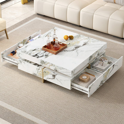 Modern Square Marble Textured Coffee table with 4 Drawers and Suspended Base, White, 43.3" image 4