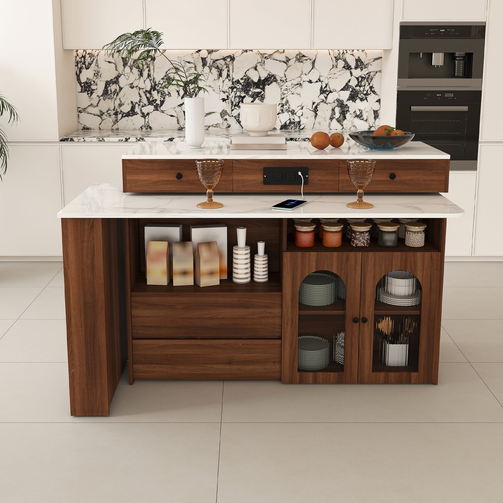 Kitchen Island with Extendable & Rotating Table, MDF with Walnut Veneer Retro Design, 4 Drawers & Glass Door Cabinets with Built-in Socket, Expandable Dining Station for 2-4 Person (Walnut) image 11
