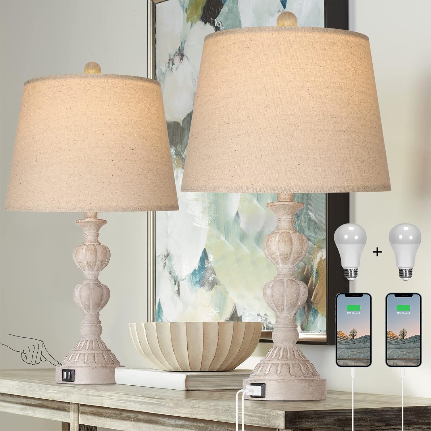 Touch Control Coastal Farmhouse Table Lamp Set of 2, 3-Way Dimmable Bedside Lamp with 2 USB Charging Ports, French Country Style Nightstand Lamp for Living Room, Bedroom - Washed White image 1