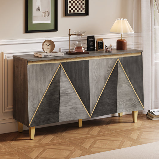 TREXM 60 inch retro buffet cabinet with 4 doors and dimensional effect doors in light and dark gray