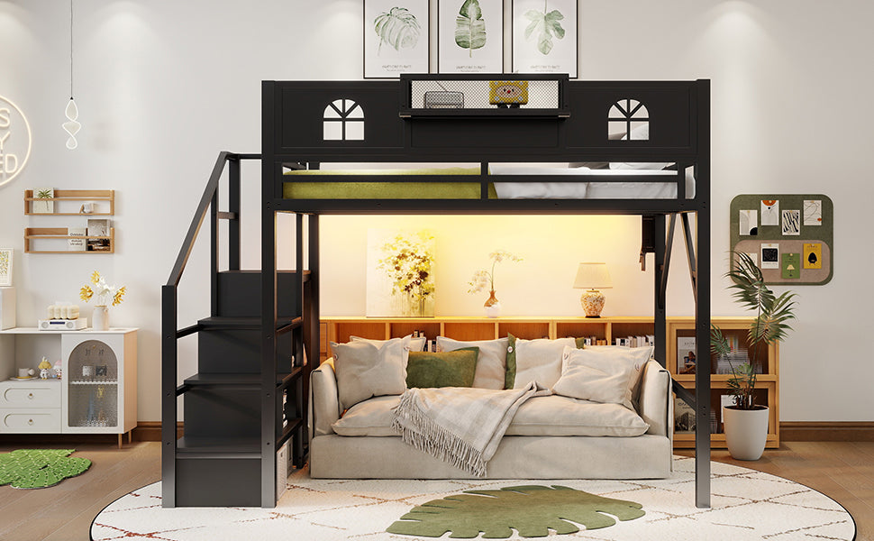 Full Size Loft Bed with Stairs, Metal Full Loft Bed with High and House Shaped Guardrails, High Loft Bed with Wardrobe for Kids Teens, black(Old SKUW2593S00055) image 5