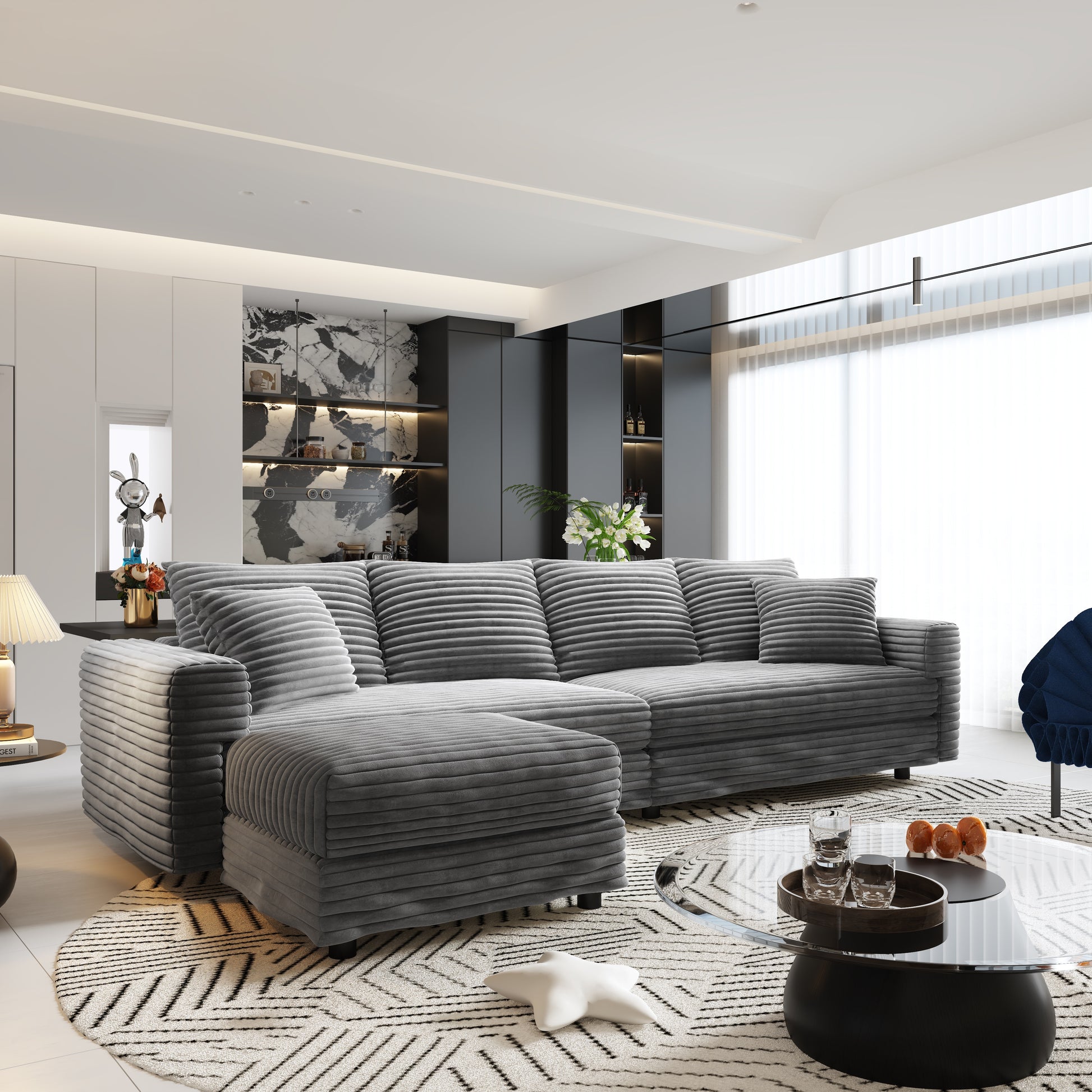 102.4 "Plush Corduroy 4-Seat Sofa,Modern Comfy Upholstered Sofa Cloud Couch,Deep Seat Couches with Soft Pillows and 2 Ottomans,Convertible Sofa Lounge Chair,Grey(Old SKU:W1885S00279) image 3