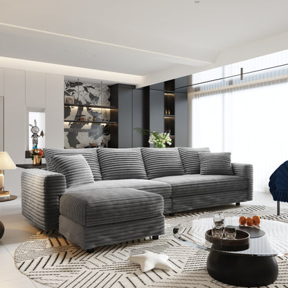 102.4 "Plush Corduroy 4-Seat Sofa,Modern Comfy Upholstered Sofa Cloud Couch,Deep Seat Couches with Soft Pillows and 2 Ottomans,Convertible Sofa Lounge Chair,Grey(Old SKU:W1885S00279) image 3