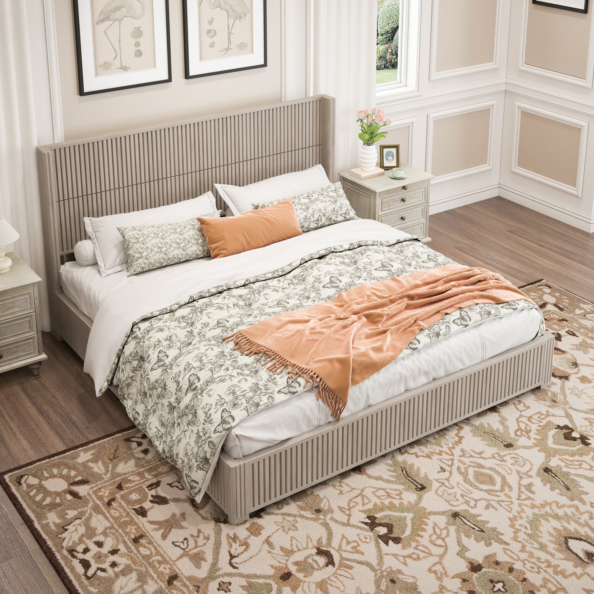 Solid Wood Platform Bed Frame with Headboard, No Box Spring Needed, Floor-standing bed, Easy Assembly, King Size,Beige image 3