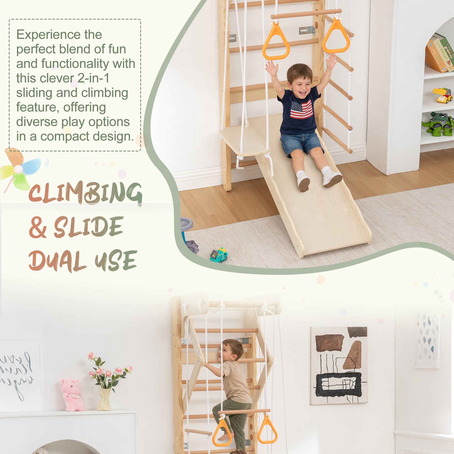6-in-1 Swedish Ladder Wall Gym, Indoor Kids Playground with Swing, Rope Ladder, Pull-Up Bar, Slide, Gymnastic Rings, Wooden Wall Mounted Indoor Play Set for Kids & Adults image 4