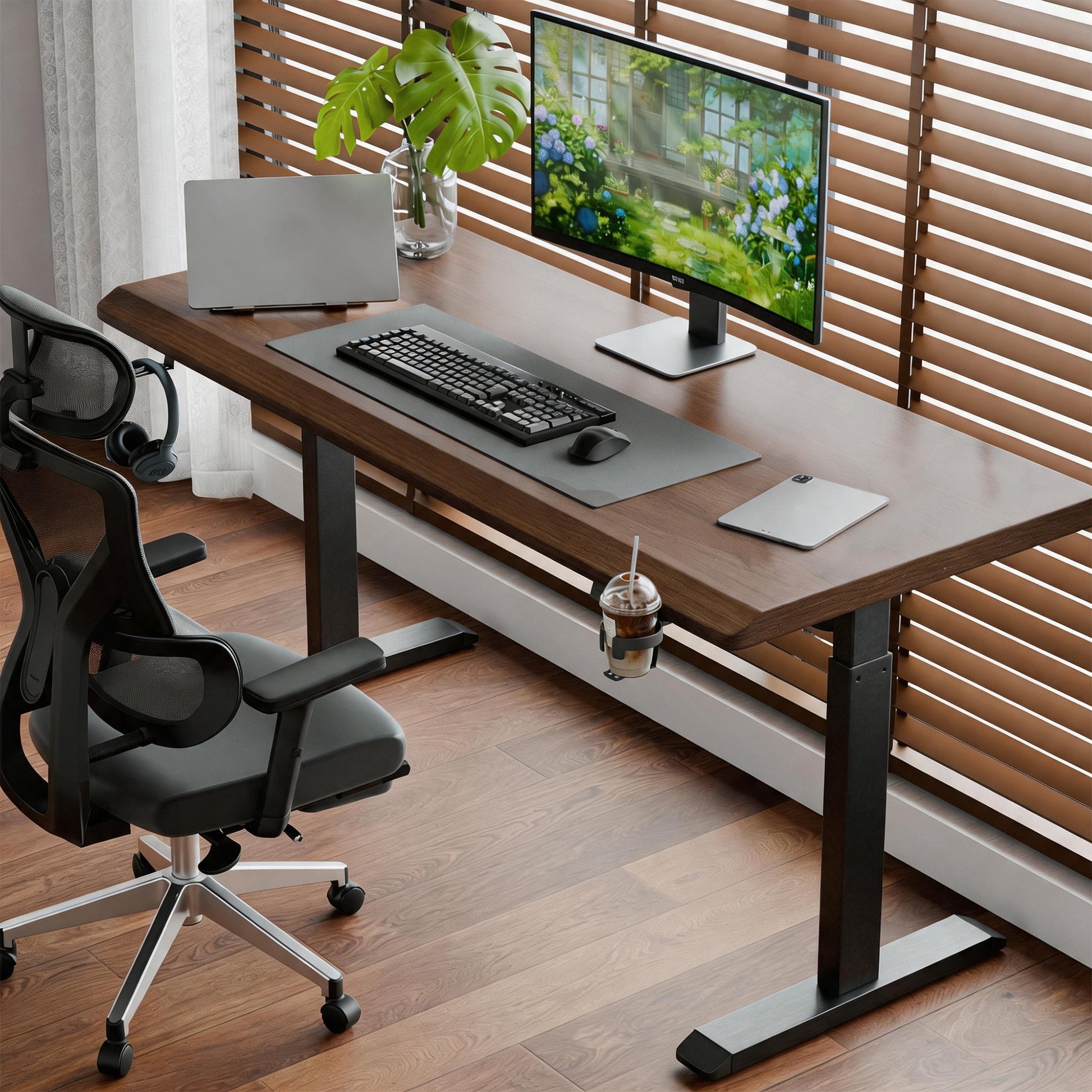 Solid Rubberwood Electric Standing Desk, Adjustable Height Sit Stand Desk with Single Motor, Ergonomic Home Office Desk with 2-Tier Legs image 2