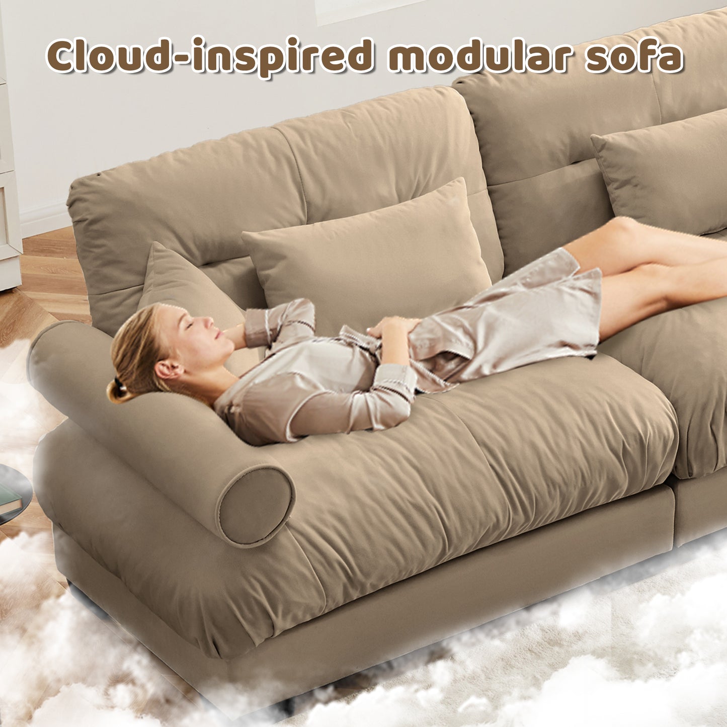 Over Size Modern Two-seater Sofa with Ottoman, Velvet 2-Seater with Round Bolster Armrests,With Waist Pillow and Throw Pillows, Reading Room, Loft and Bedroom,Camel image 8