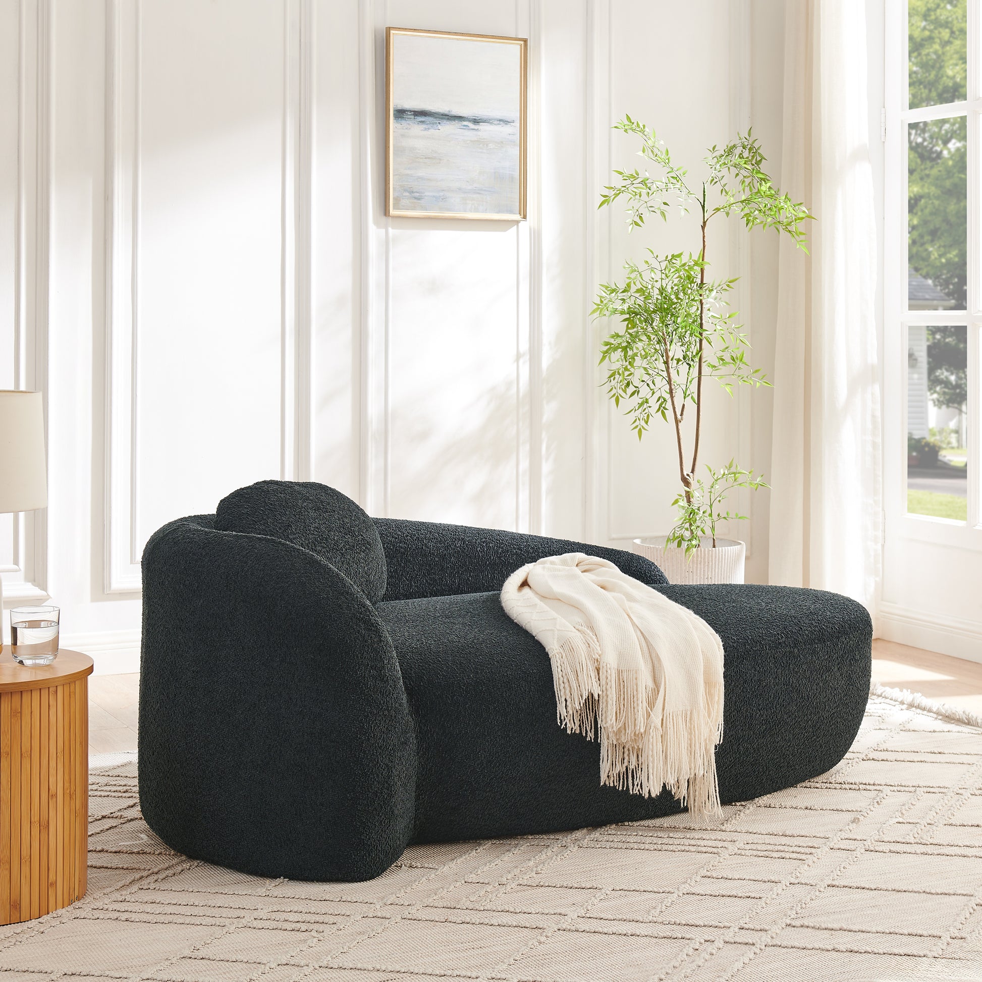 Modern Oval Single Lazy Sofa Chair with Integrated Backrest, Side Armrest and Pillow, Compact Space-Saving Lounge Chair for Living Room Bedroom-Black image 2