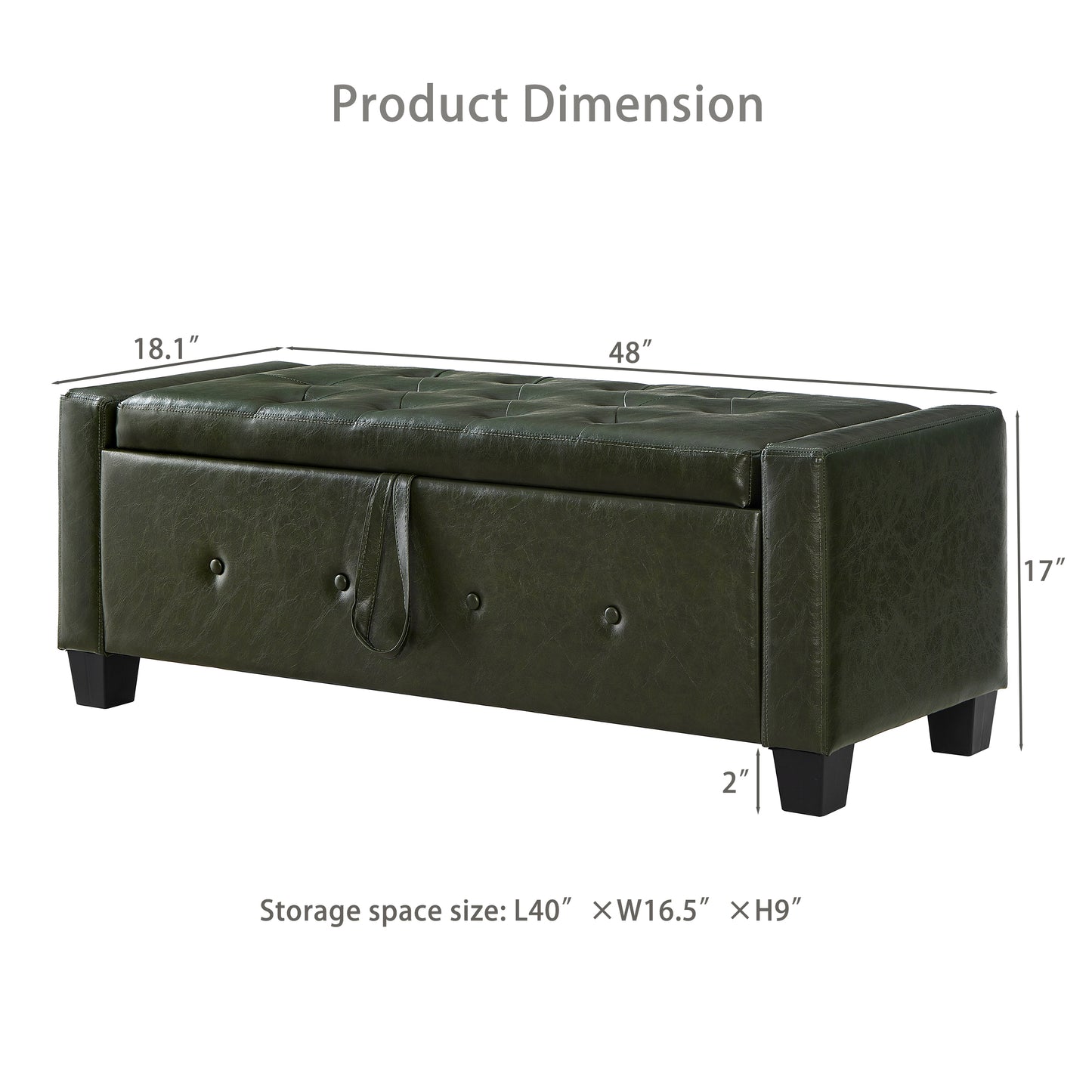 48" Ottoman Bench with Storage, Bench for Bedroom,Living Room,Hallway, Upholstered Tufted Faux Leather PU Ottoman Dark Green image 11