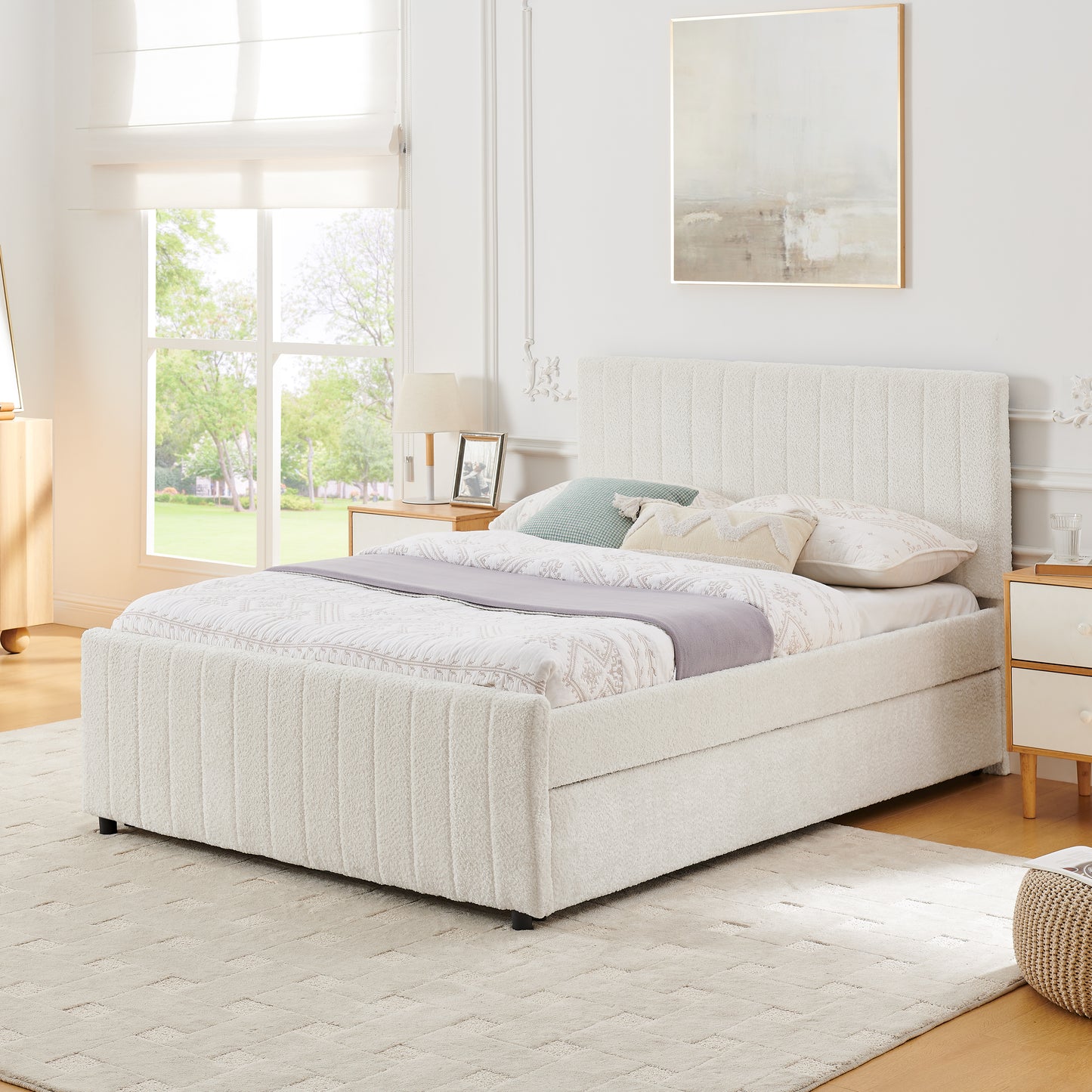 Full Size Vertical Striped Space Saving Upholstered Pull-out Bed with High Padded Back, Hidden Trundle Guest Bed Single to Double for Bedroom & Guest Room, Chenille image 1