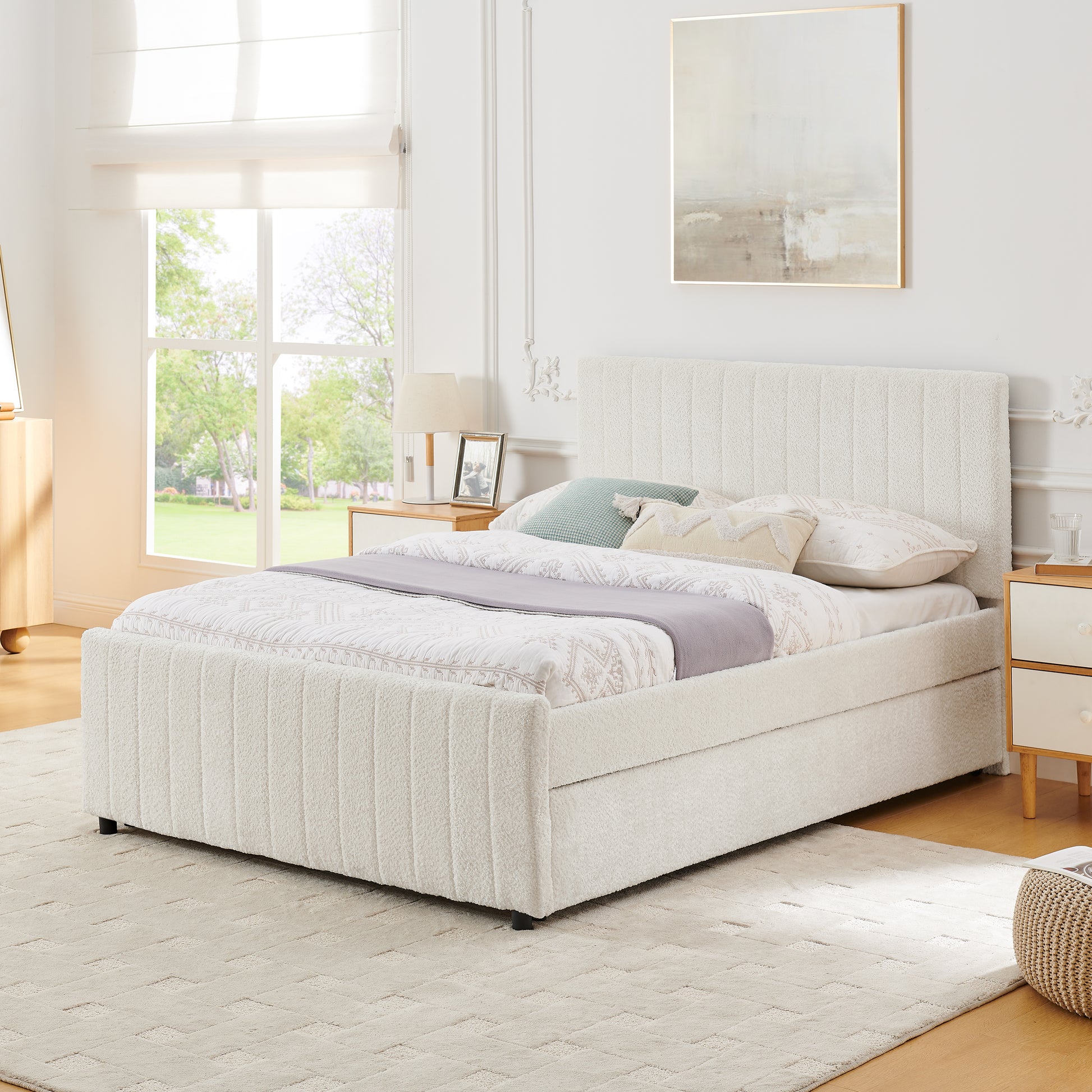 Full Size Vertical Striped Space Saving Upholstered Pull-out Bed with High Padded Back, Hidden Trundle Guest Bed Single to Double for Bedroom & Guest Room, Chenille image 1
