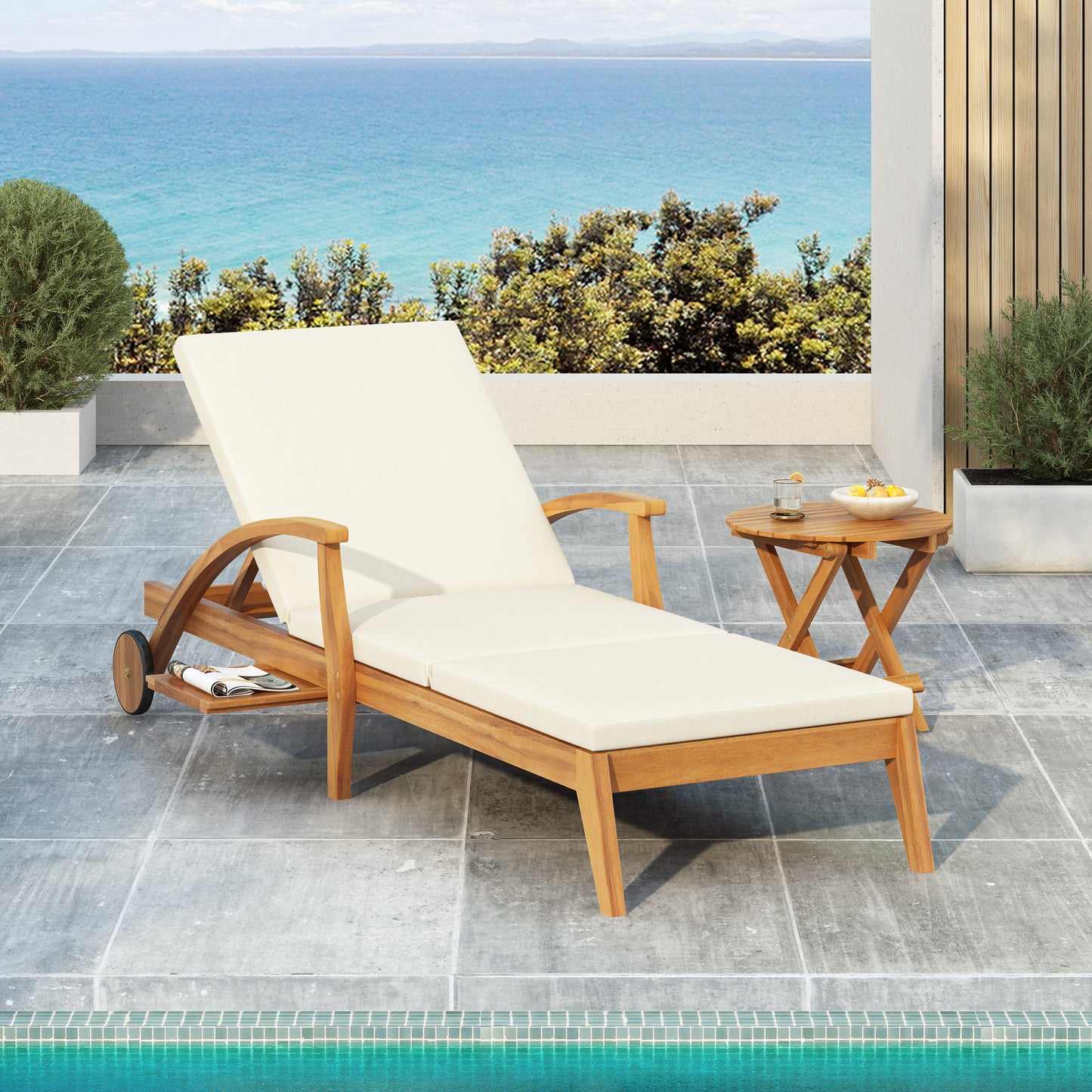 CHAISE LOUNGE WITH WHEEL - ACACIA WOOD RECLINER FOR PATIO/GARDEN, WITH 2INCH WHITE CUSHION, 4-POSITION ADJUSTABLE BACKREST, VERSATILE OUTDOOR FURNITURE (Only 1 SET: 1 frame+ 1 Cushion) image 1