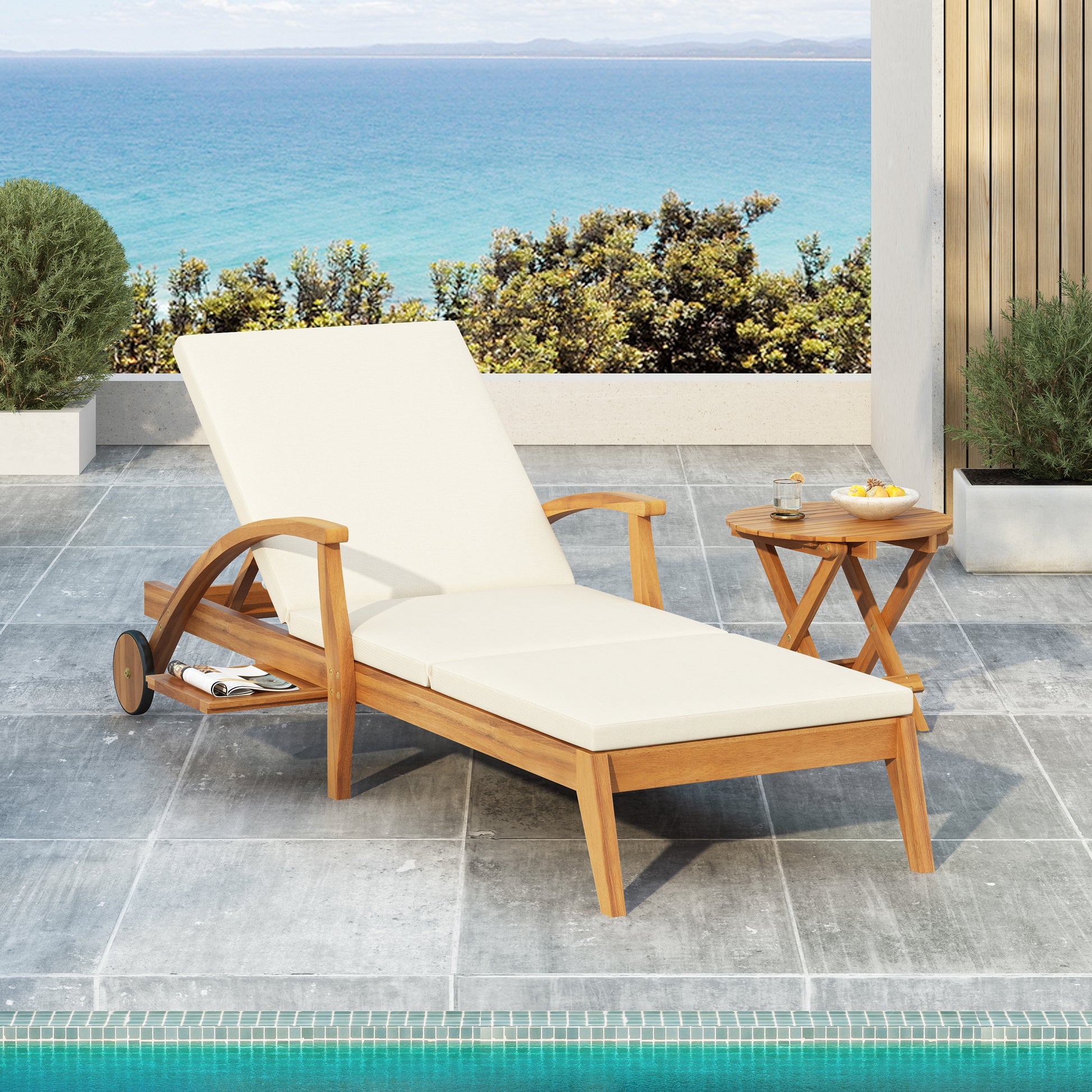 CHAISE LOUNGE WITH WHEEL - ACACIA WOOD RECLINER FOR PATIO/GARDEN, WITH 2INCH WHITE CUSHION, 4-POSITION ADJUSTABLE BACKREST, VERSATILE OUTDOOR FURNITURE (Only 1 SET: 1 frame+ 1 Cushion) image 1