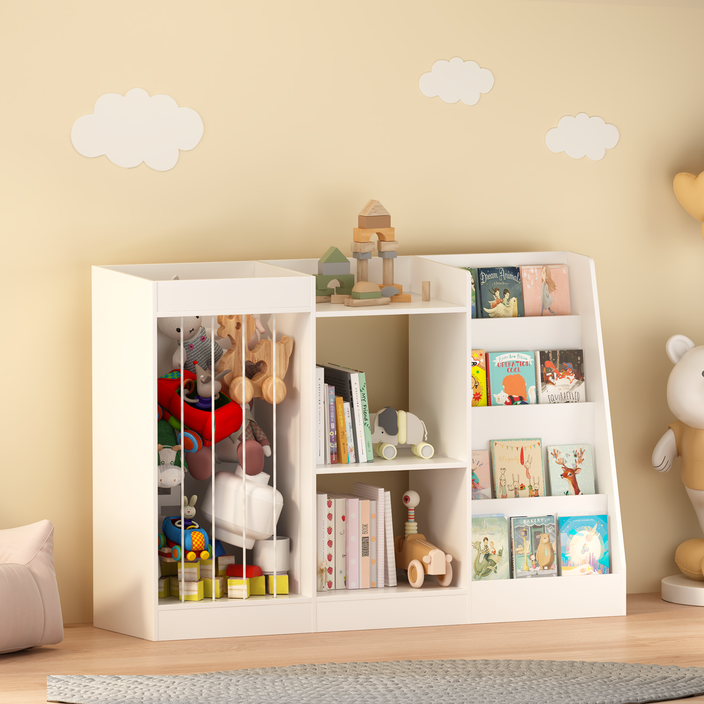 Kids Bookshelf and Toy Storage, 3-Tier Book Shelf for Kids Rooms, Sling Baby Bookcase with Stuffed Animal Storage, Toddler Montessori Bookshelf for Nursery, Playroom, Kindergarten, White image 1