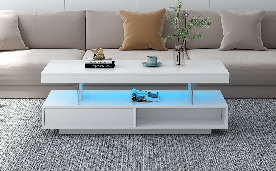 VIBE HAUS LED Coffee Table with Storage, Modern Center Table with 2 Drawers and Display Shelves, Accent Furniture with LED Lights for Living Room,White image 8