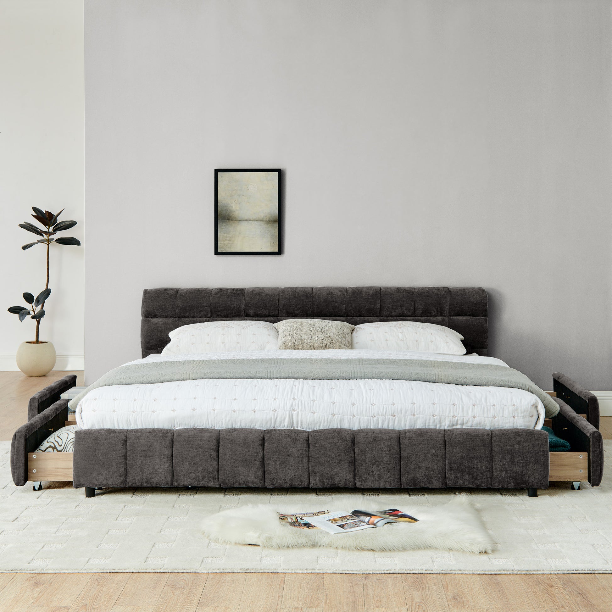 King Size Upholstered Bed,comfortable upholstered bed frame, Chenille fabric, with headboard and solid bed frame. With drawer for storage.-Dark Gray(88.5''*85.5''*31'') image 5
