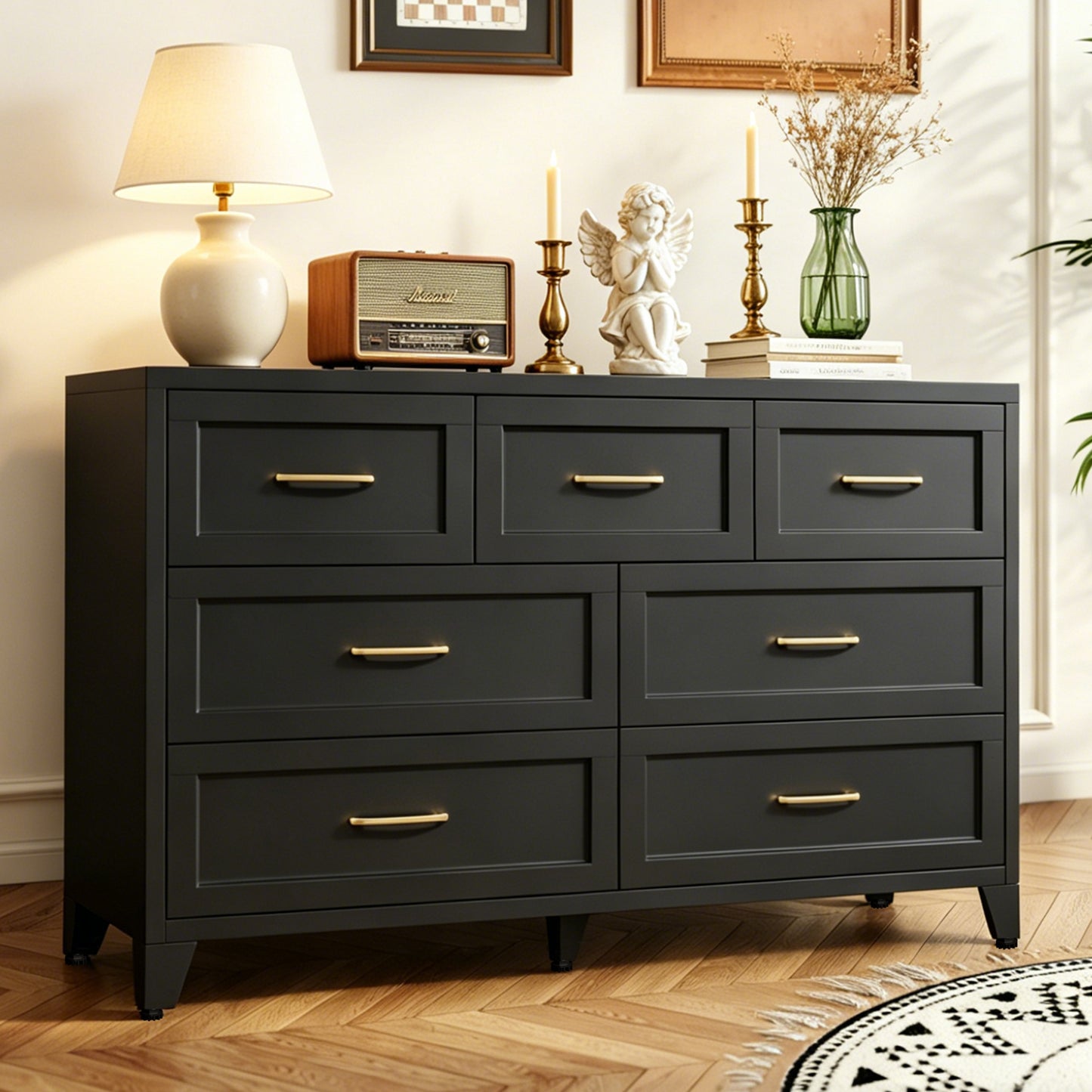 7-Drawer Dresser, Wide Low-Profile Storage Cabinet, Black Metal Chest of Drawers for Bedroom, Living Room & Entryway image 1