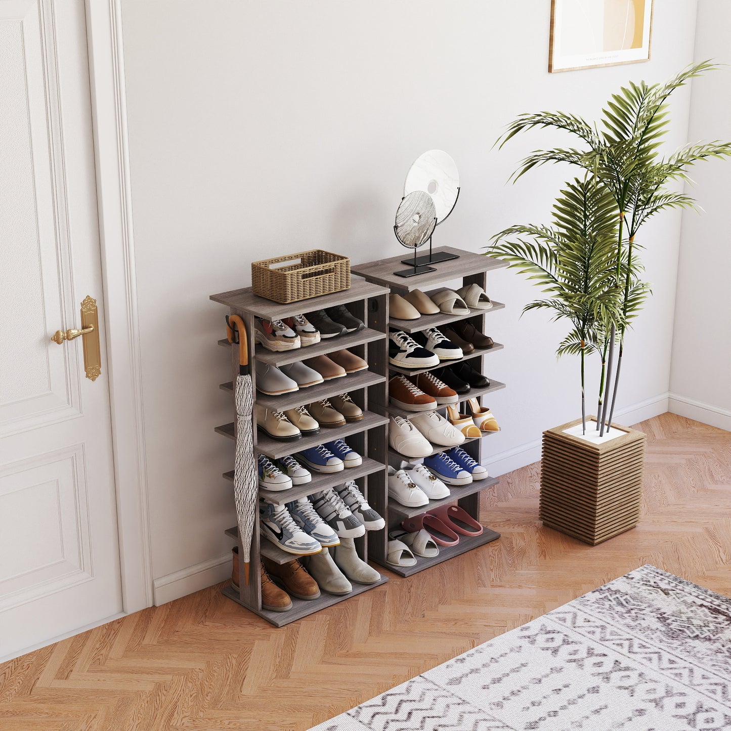 Shoe Rack,7 Tier Shoe Storage Organizer with Hooks, Entryway Shoe Tower,12-14Pairs Shoes,Vertical Shoe Organizer,Vertical Shoe Organizer,Easy Assemble,Saving Space,Rustic Gray image 3