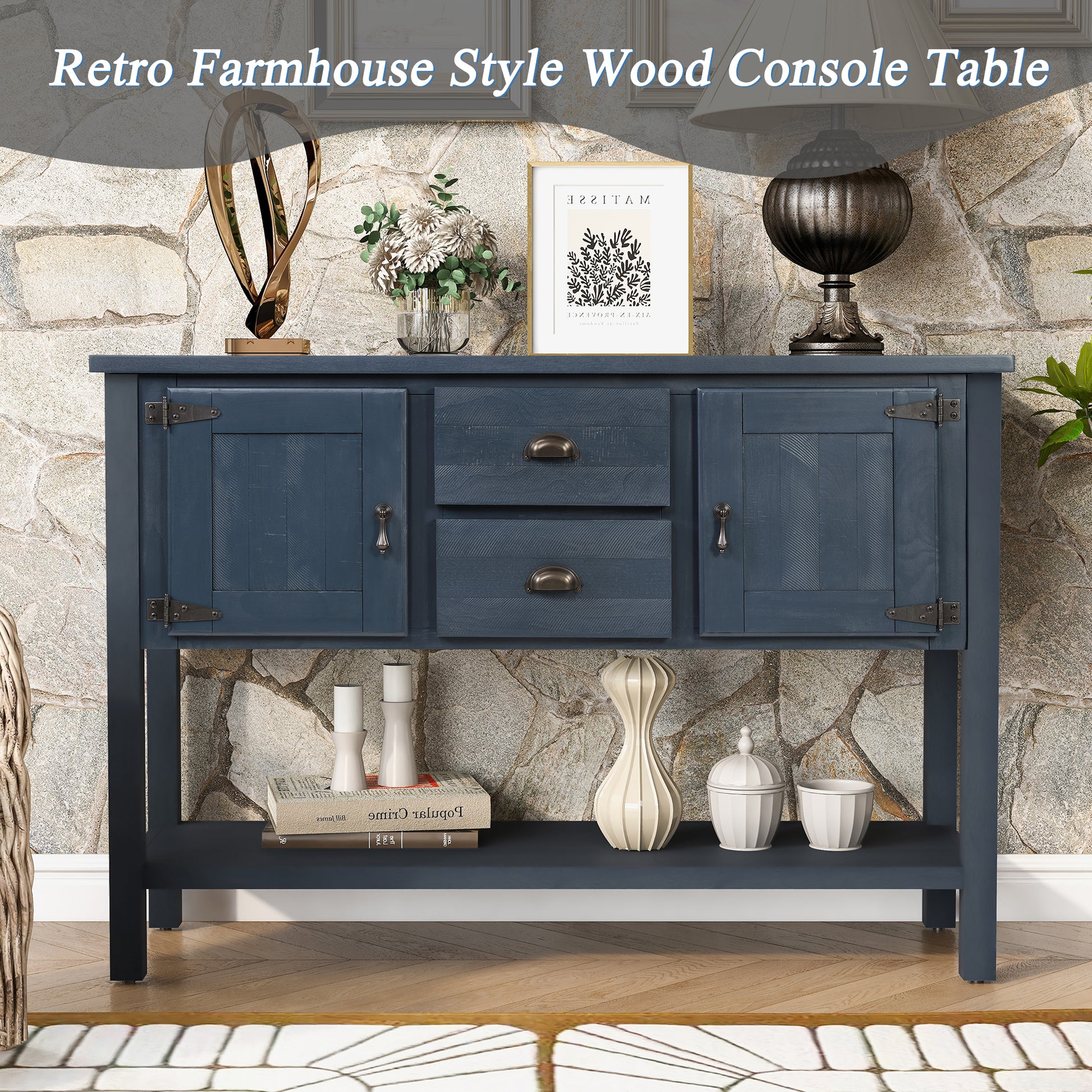 46'' Solid Wood Sideboard Console Table with 2 Drawers and Cabinets and Bottom Shelf, Retro Style Storage Dining Buffet Server Cabinet for Living Room Kitchen Dining Room(Navy Blue) image 9