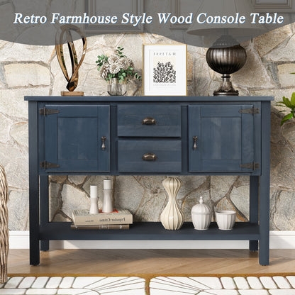 46'' Solid Wood Sideboard Console Table with 2 Drawers and Cabinets and Bottom Shelf, Retro Style Storage Dining Buffet Server Cabinet for Living Room Kitchen Dining Room(Navy Blue) image 9