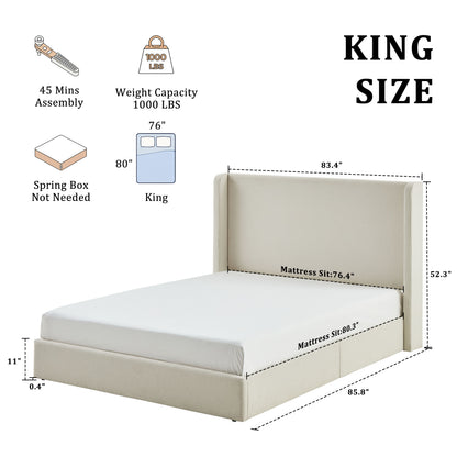 Carmen Upholstered Wingback Bed / Upholstered Platform Bed Frame / 52.3" High Headboard / Simplicity / Minimalist / No Box Spring Needed / Easy Assembly / King/ Ivory Boucle / No Noise image 6