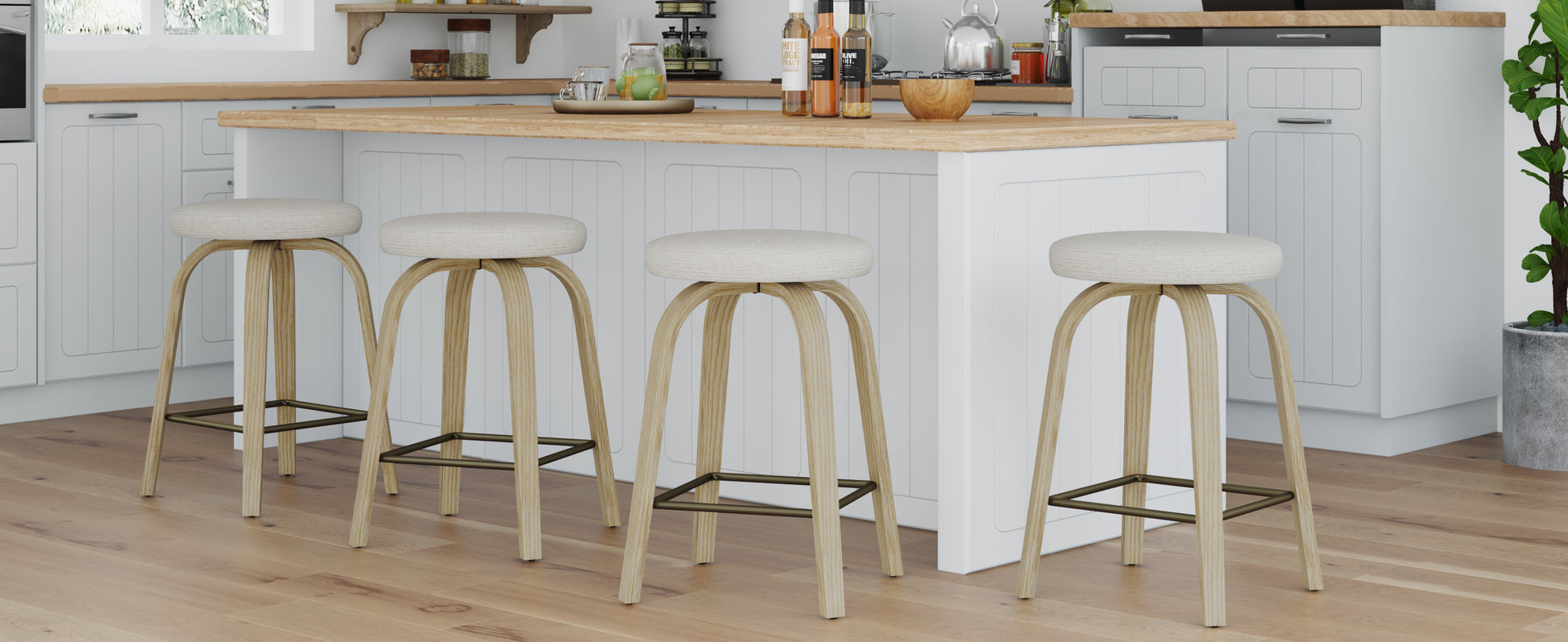 Swivel Bar Stools Set of 2, Counter Height Backless 26″ Bar Stool, Fabric Upholstered Seat, Sturdy Wood Legs and Metal Footrest, Mid-Century Modern Island Stools for Home Bars, Restaurants, Beige image 6