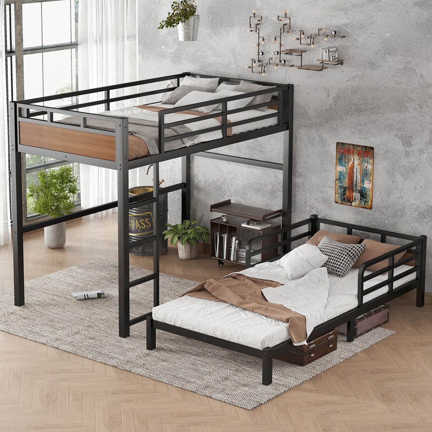 Twin XL over Twin XL Metal Bunk Bed/Metal Loft Bed,Separable Bunk Beds,with raised security fence,Walnut Color image 3