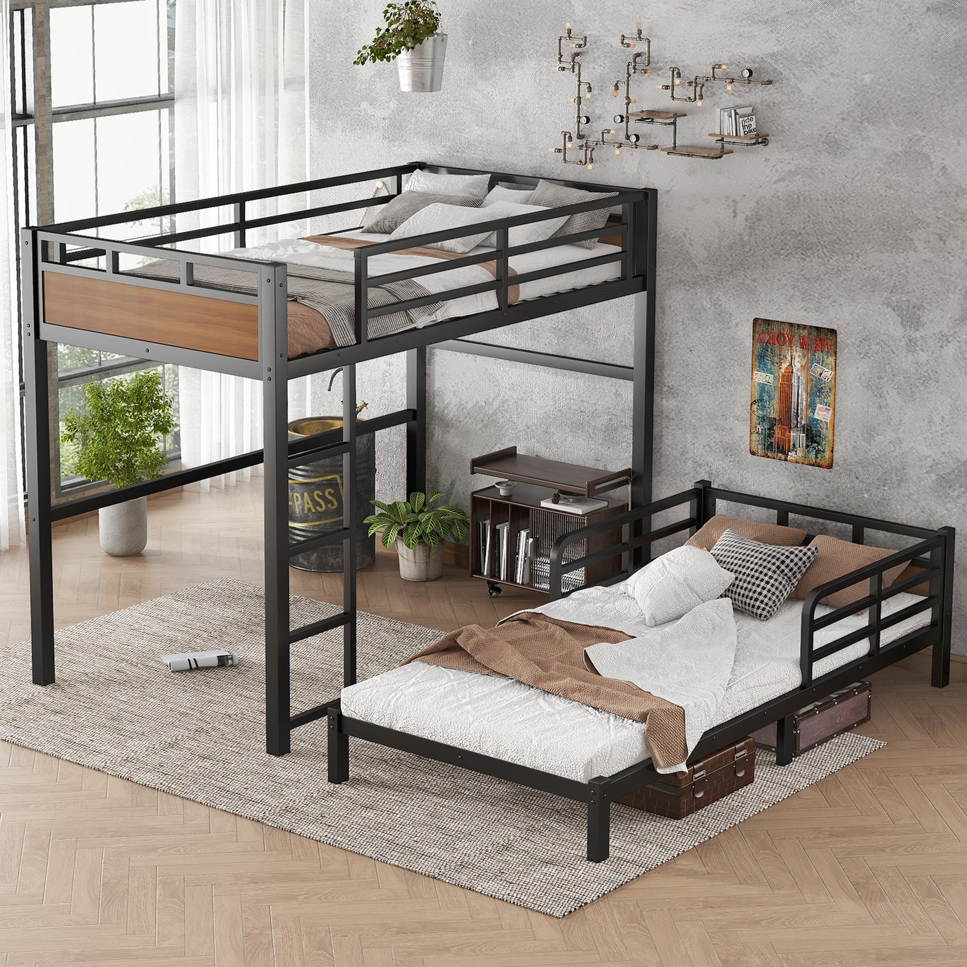 Twin XL over Twin XL Metal Bunk Bed/Metal Loft Bed,Separable Bunk Beds,with raised security fence,Walnut Color image 3