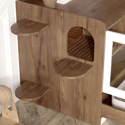 Cat Litter Box Enclosure, Hidden Cat Litter Box Furniture with Drawer and Stairs, Wooden Cat House Washroom for Bedroom,Cat Cabinet Side Table for Living Room, Brown and White image 4