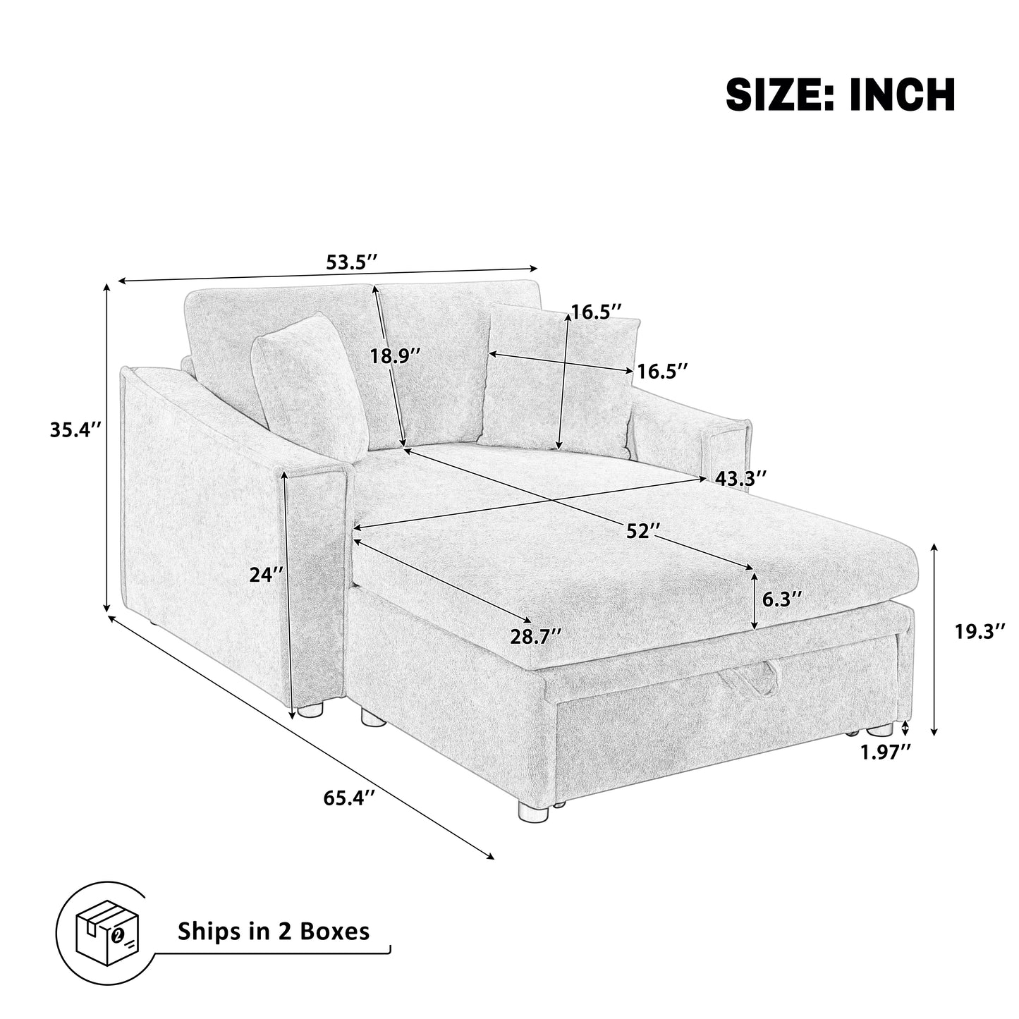 Modern Chaise Sofa 53.5" Sofa Couch Sofa Bed Sleeper Sofa with Pillows and Hidden Storage Space for Living Room, Bedroom, Beige image 7