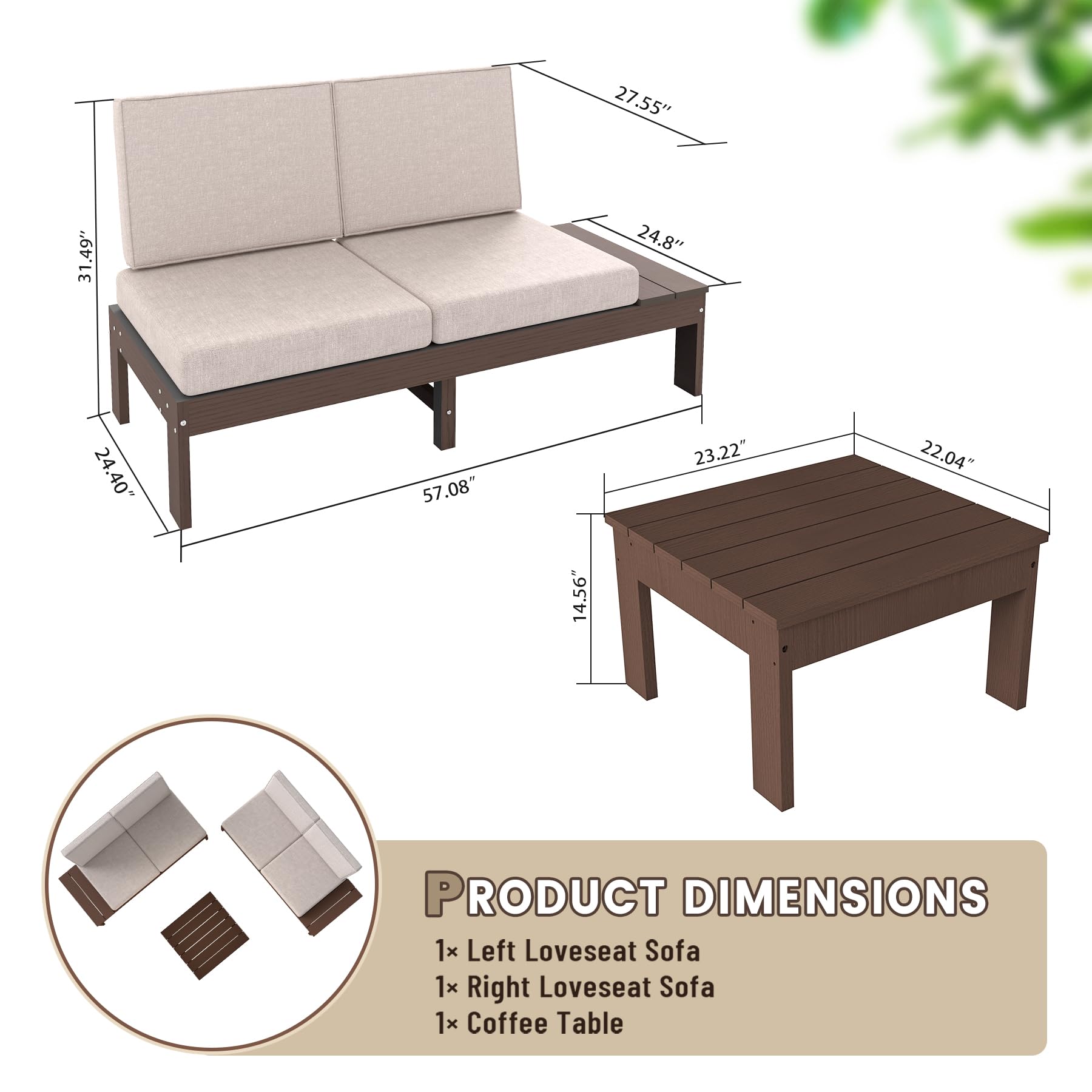 HDPE Outdoor Patio Sofa Set, 3-Piece Modern Conversation Set with Left & Right Arm Sofas, Cushioned Sectional Seating and Coffee Table for Backyard, Porch, Deck & Garden image 2