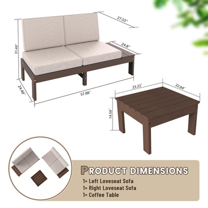 HDPE Outdoor Patio Sofa Set, 3-Piece Modern Conversation Set with Left & Right Arm Sofas, Cushioned Sectional Seating and Coffee Table for Backyard, Porch, Deck & Garden image 2