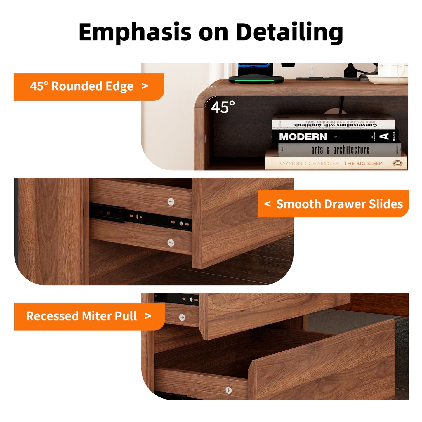 25" Tall Modern Nightstand with Charging Station, 23.6'' Wide Wood Bedside Table w/2 Storage Drawers, Large Mid Century End Table for Bedroom, Living Room, Curved Profile Design (WALNUT) image 3